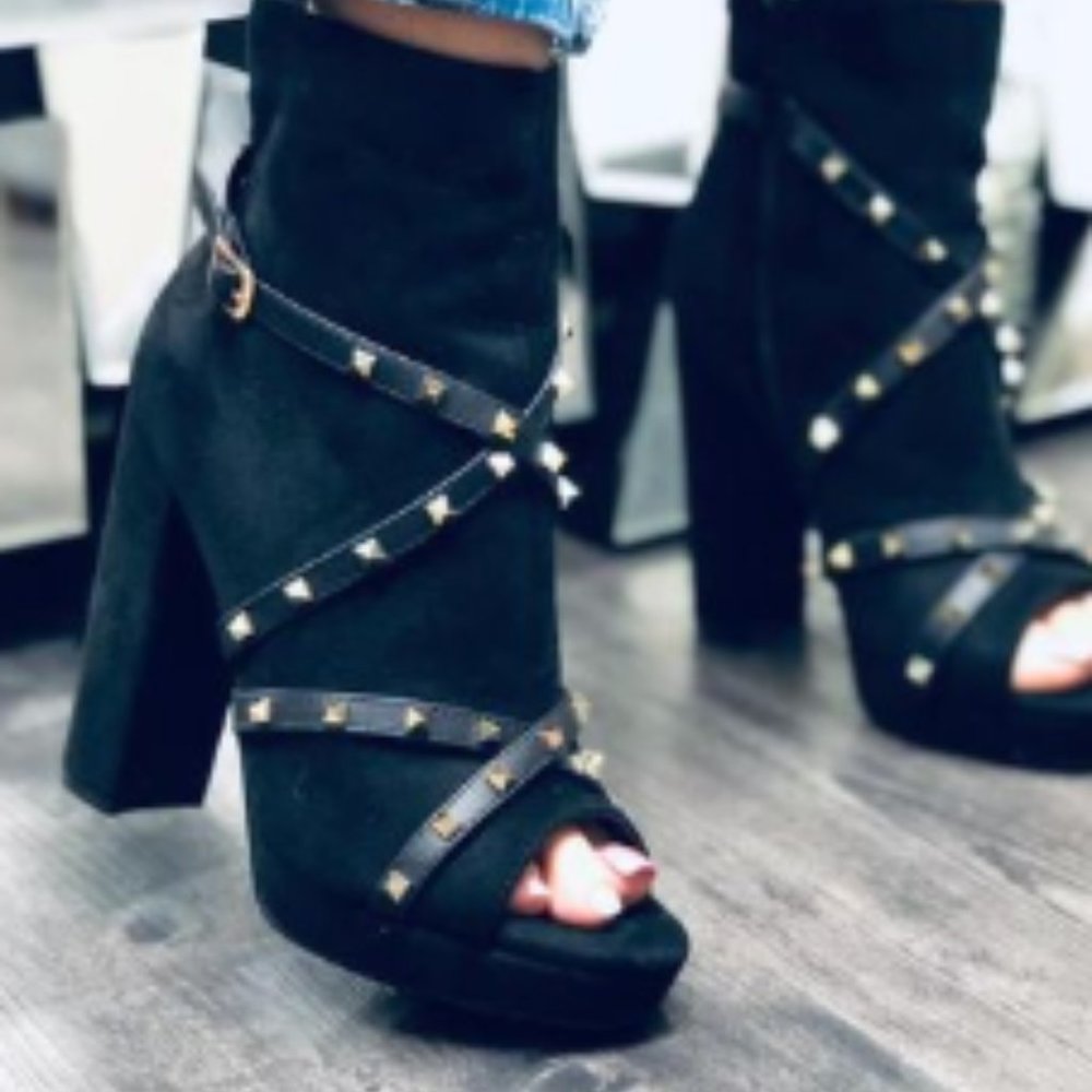 Black Studded Open Toe Bootie
